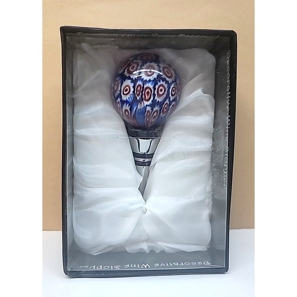 Hand Blown Red/White/Blue Murano Style Millefiori  Ball Wine Bottle Stopper